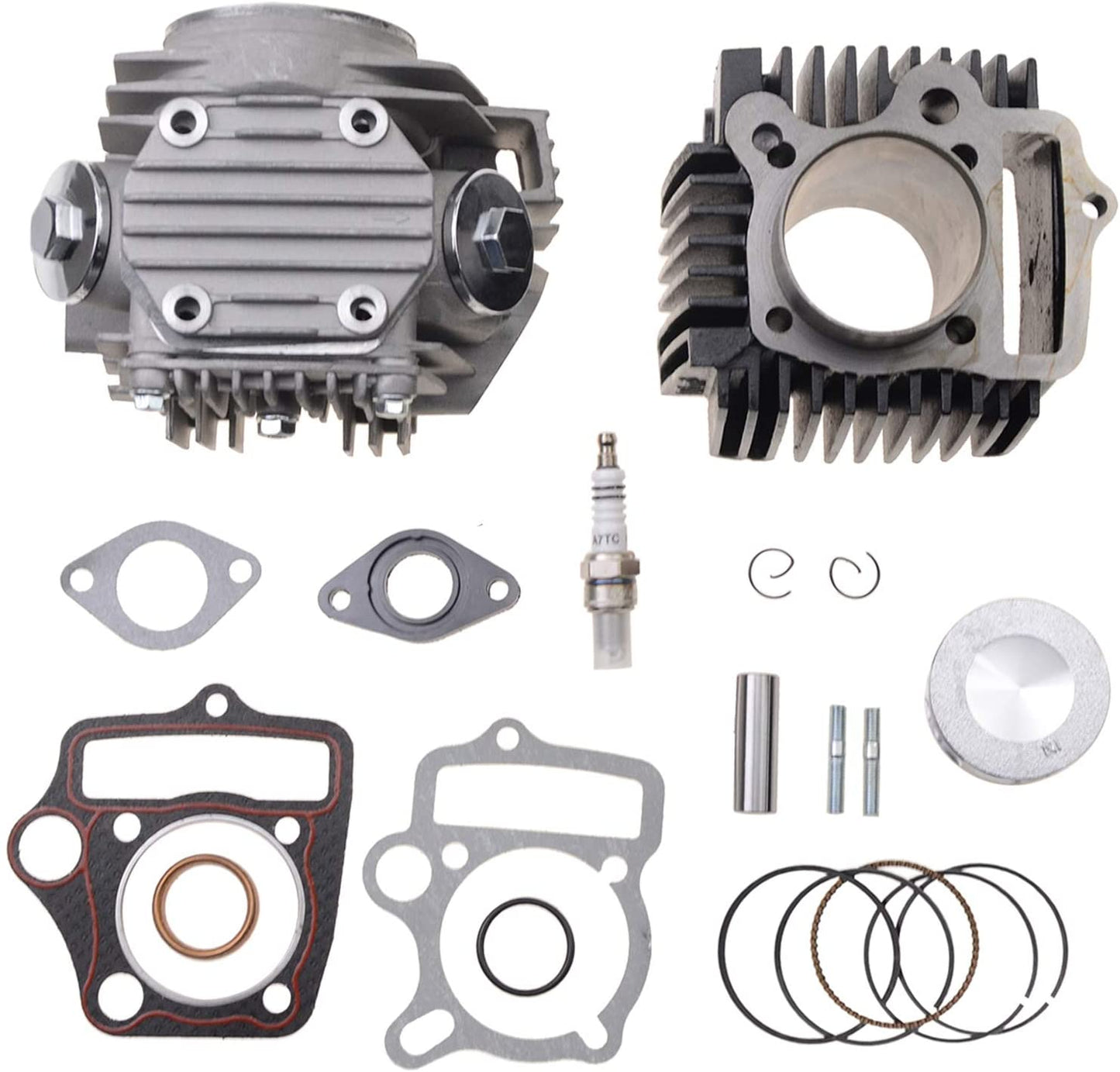 GOOFIT 52.4mm Completed Cylinder Head Liner Assembly Set Rebuild Kit with Gaskets Pistons Spark Plug Replacement for 4 Stroke 110cc Motorcycle Engine