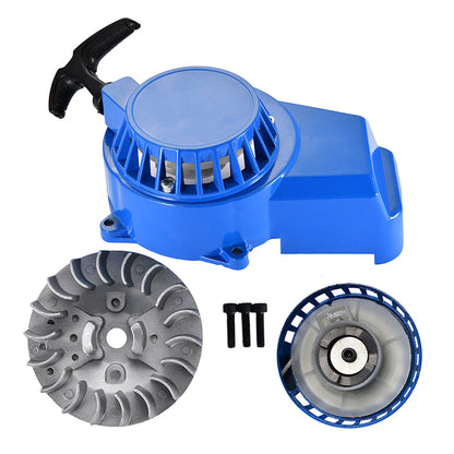 GOOFIT Alloy Pull Start Recoil Starter with 18-Fin Flywheel Replacement for 47cc 49cc Pocket Dirt Bike Mini ATV Blue
