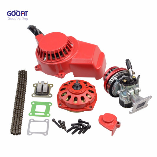 GOOFIT 44mm Red Hand puller carburetor connecting plate combination with chain 43cc- 49cc Top Kit of Piston Replacement For Bike Atv Quad Motocross
